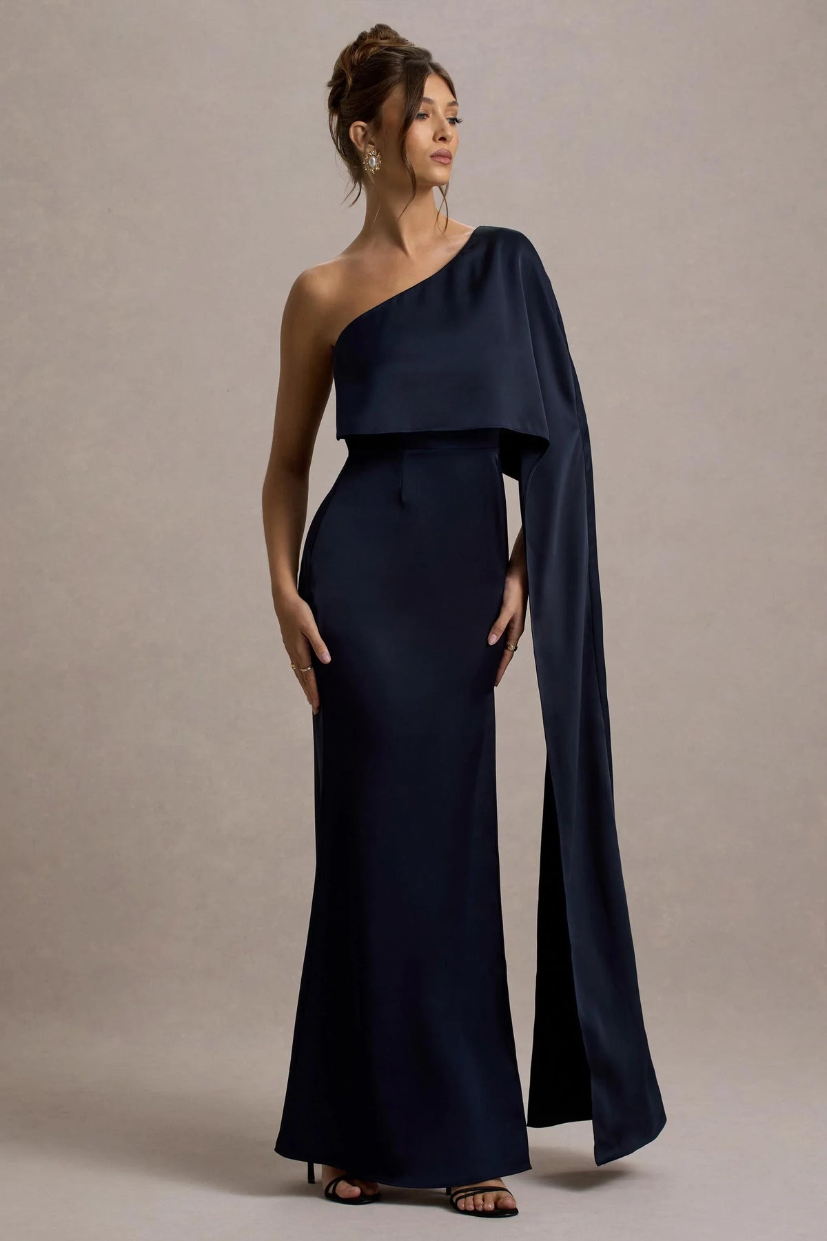Amora Navy Satin Asymmetric Cape Sleeve Split Maxi Dress