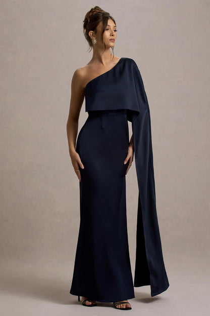 Amora Navy Satin Asymmetric Cape Sleeve Split Maxi Dress