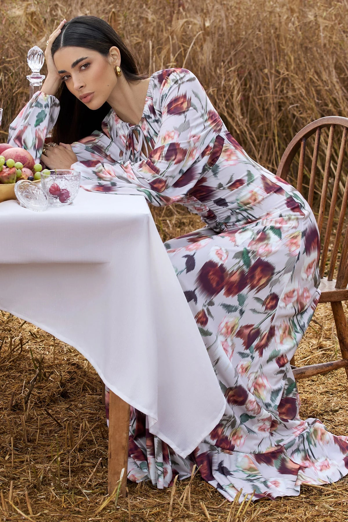 Althena Cream Floral Print Balloon Sleeve Maxi Dress