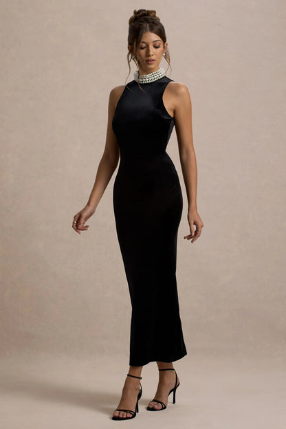 Audrine Black Velvet Embellished High Neck Maxi Dress