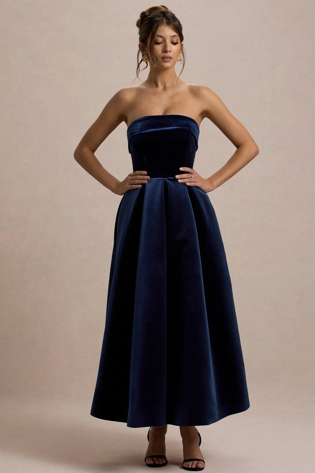 Addina Navy Velvet Bandeau Skater Midi Dress