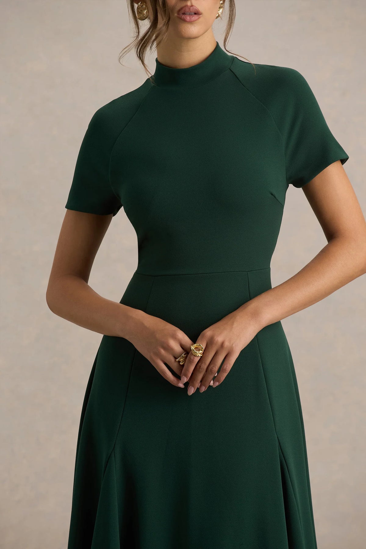 Alea Dark Green High Neck Short Sleeve Maxi Dress
