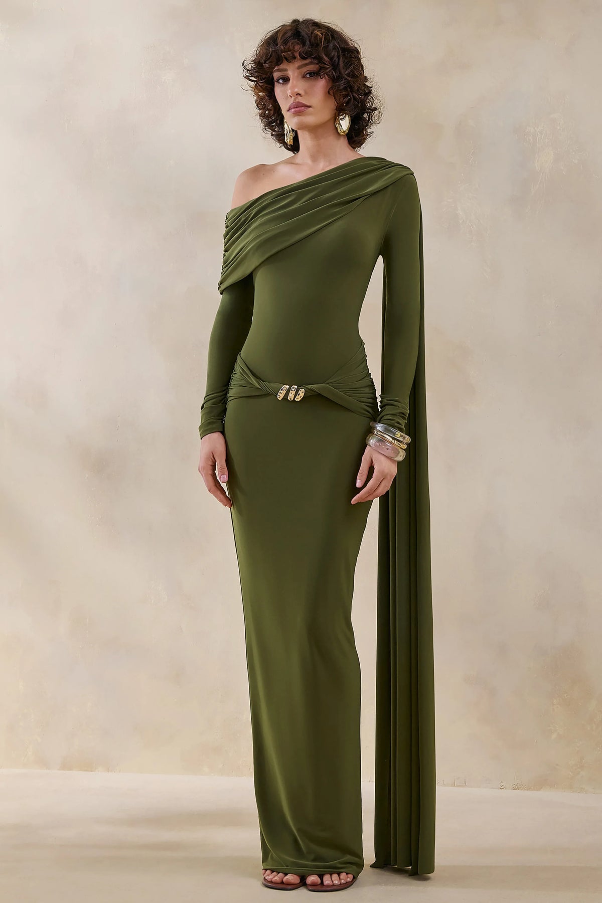 Bessy Green Asymmetric Neck Maxi Dress With Gathered Detailing And Sash