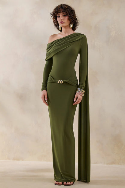 Bessy Green Asymmetric Neck Maxi Dress With Gathered Detailing And Sash
