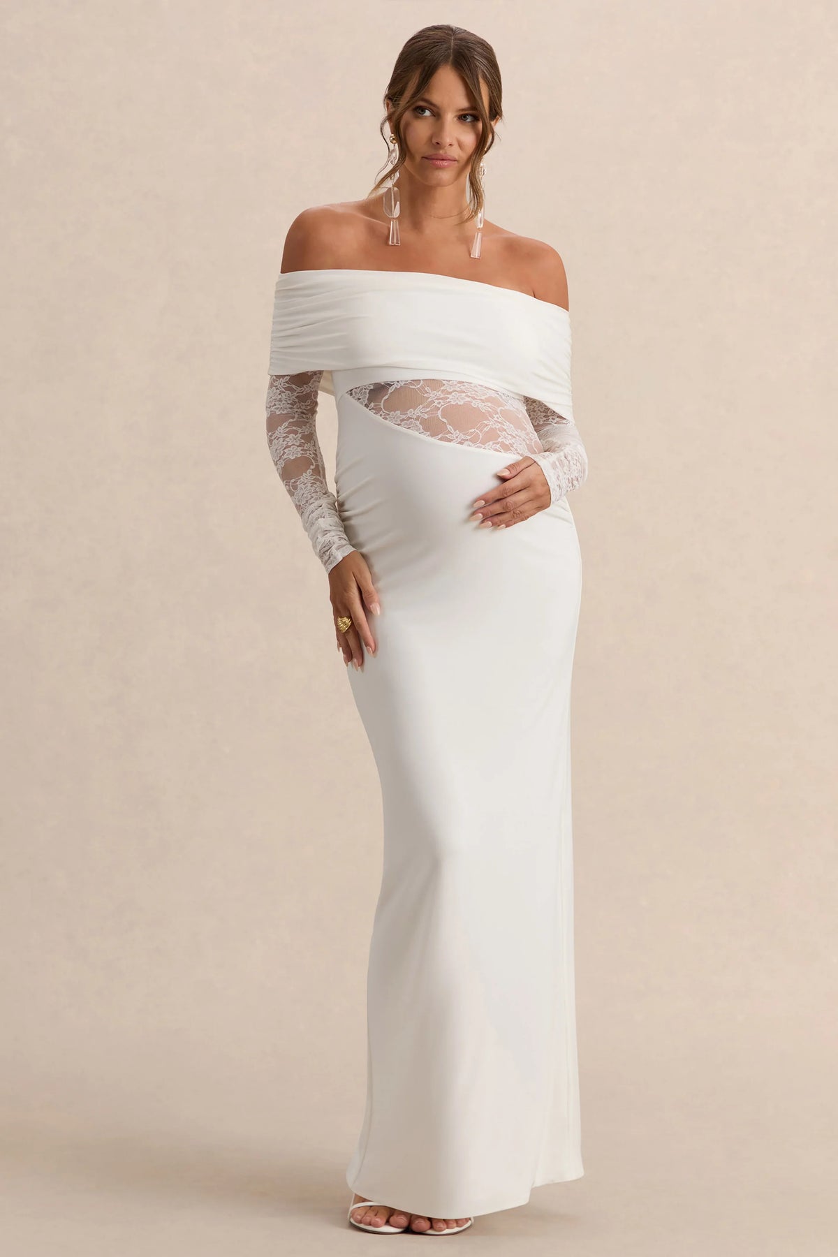 Artemisia White Bardot Neck Maternity Maxi Dress With Lace Detailing