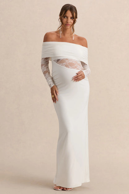 Artemisia White Bardot Neck Maternity Maxi Dress With Lace Detailing