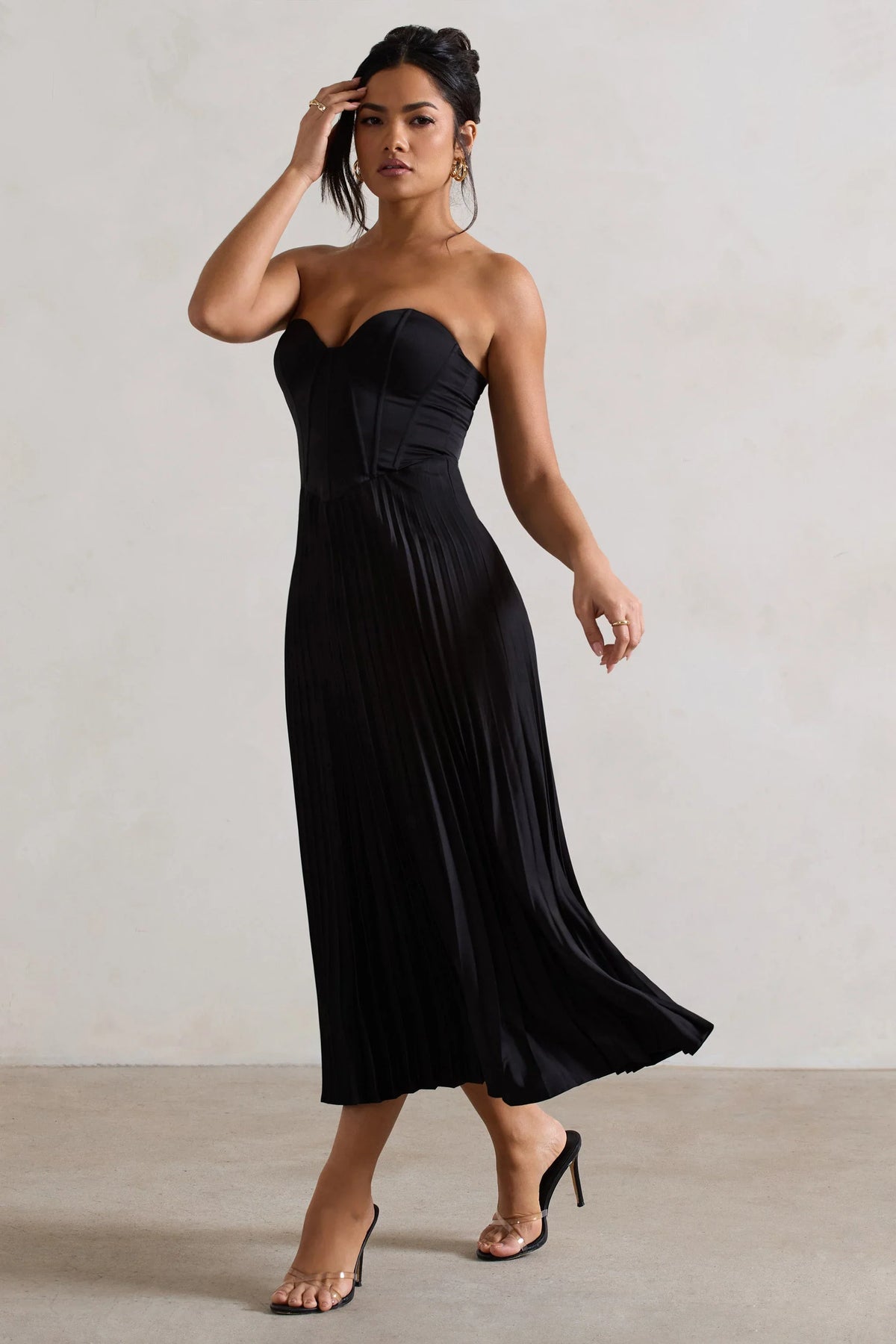 Bordeaux Black Satin Corset Style Midi Dress