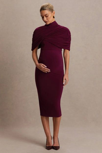 Augustina Burgundy Maternity Midi Dress With Cape