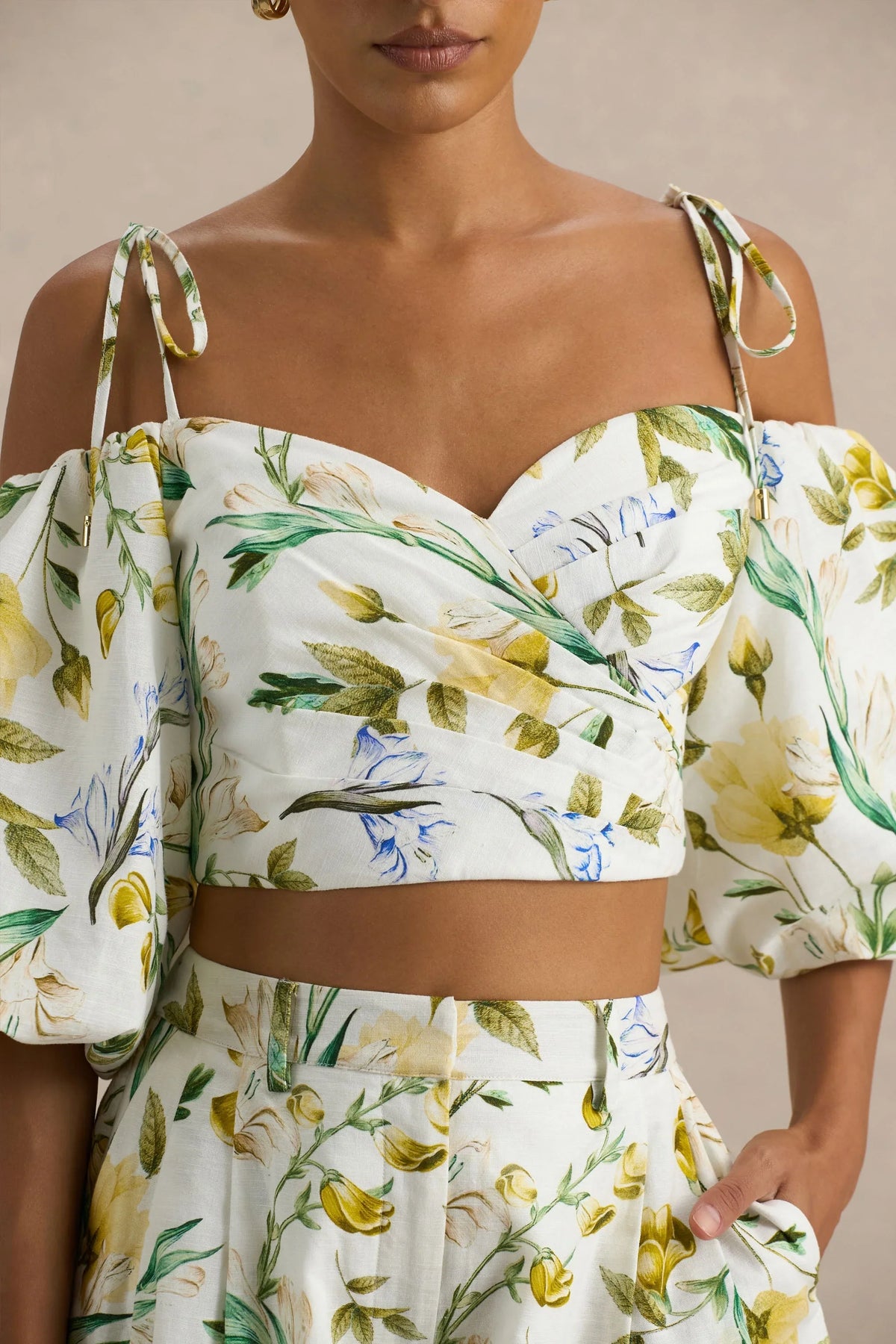 Amberly Lemon Floral Print Plunge Neck Ruffled Crop Top