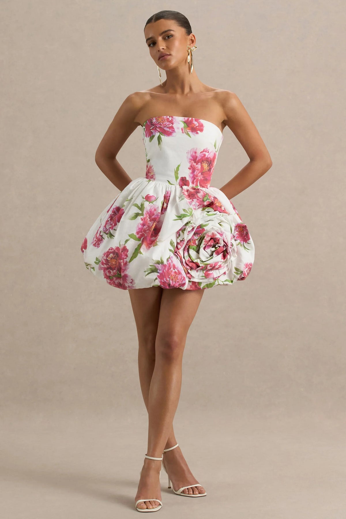 Adira Cream Floral Print Bandeau Puffball Mini Dress With Ruffle Detail
