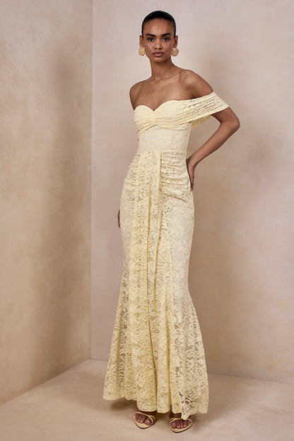 Aries Lemon Lace Bardot Neck Maxi Dress With Gathered Detailing