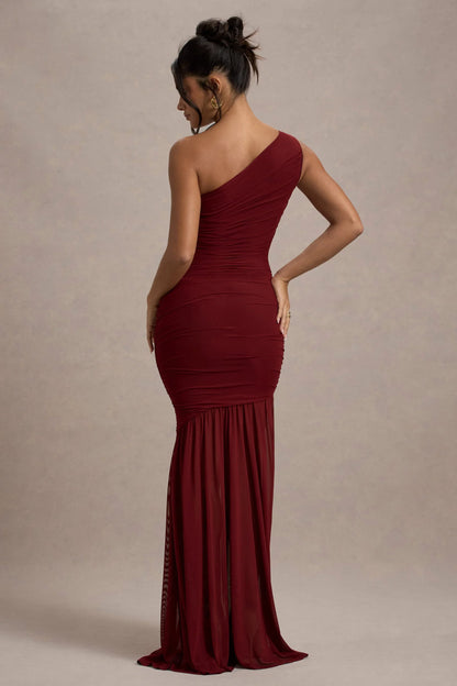 Bastia Burgundy Ruched Mesh Asymmetric Maxi Dress