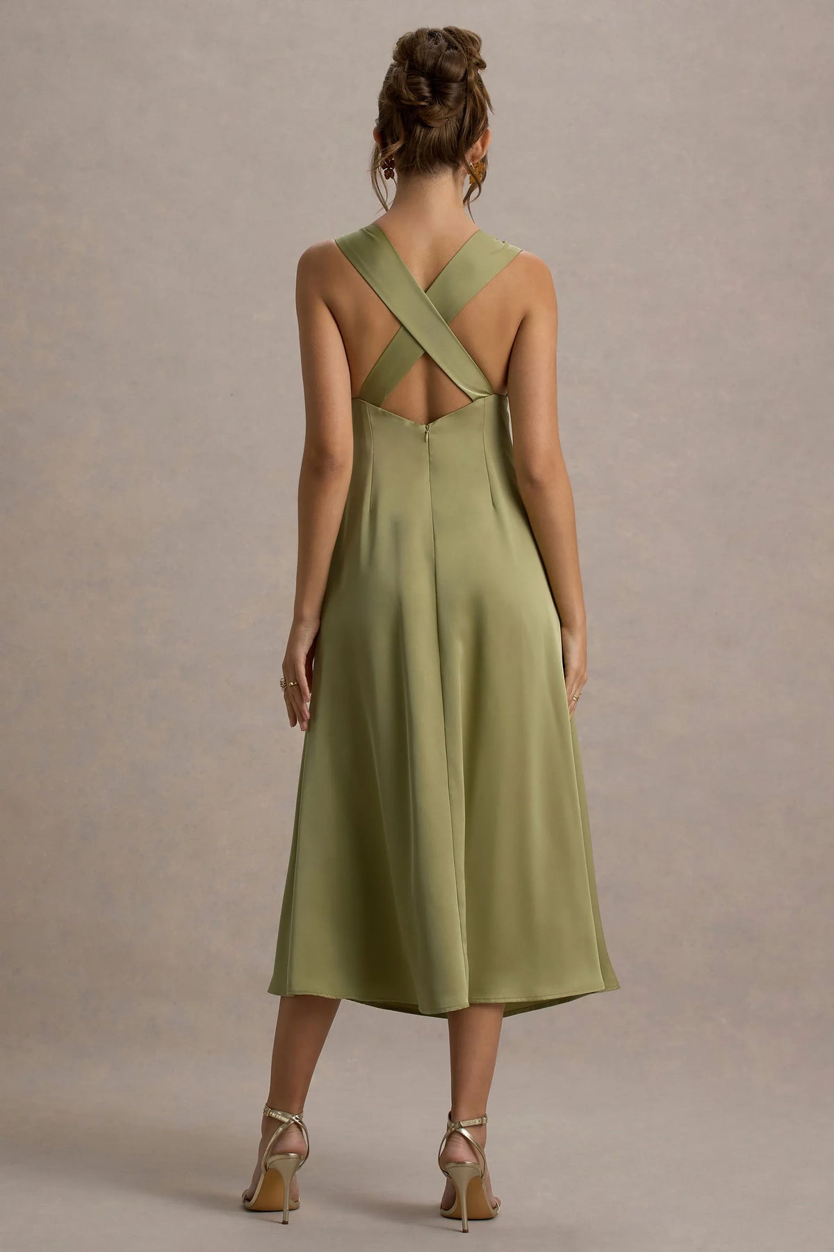 Beck Light Green Satin Plunge Neck Cross Back Midi Dress