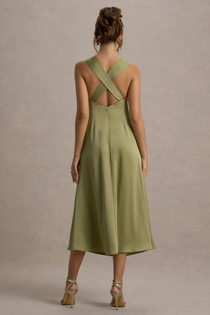 Beck Light Green Satin Plunge Neck Cross Back Midi Dress
