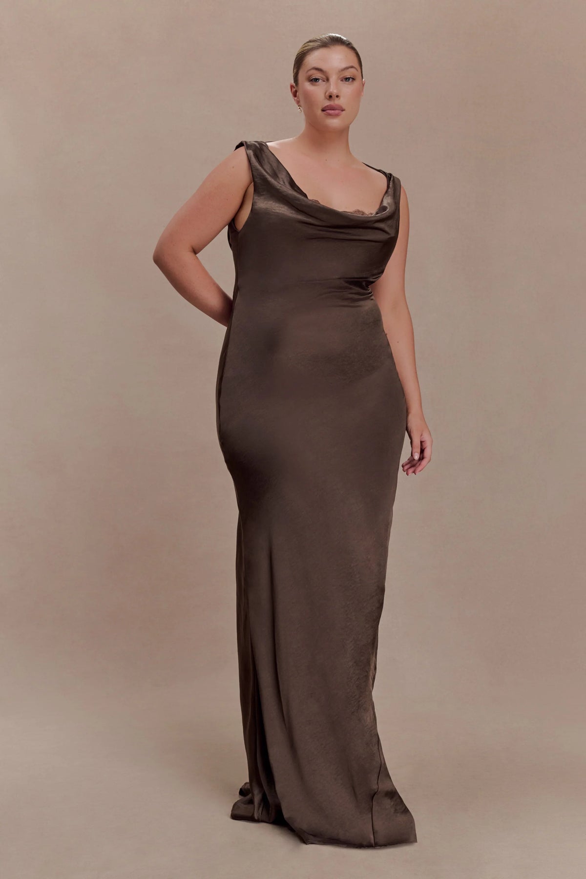 Ashley Cowl Neck Lace And Satin Maxi Dress Mocha