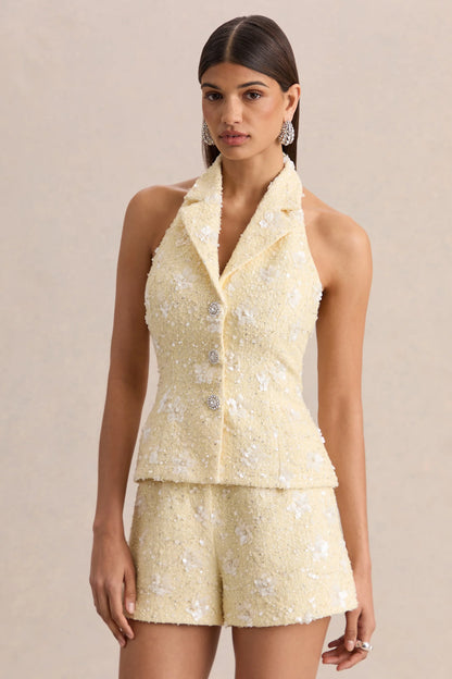 Alba Lemon Boucle Plunge Neck Crop Top
