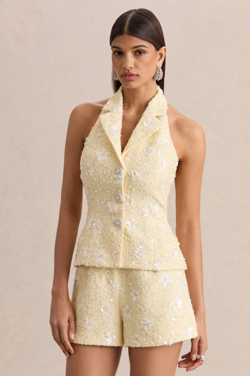 Alba Lemon Boucle Plunge Neck Crop Top