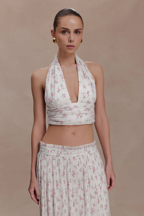 Amaris Sleeveless Plisse Halter Top Floral Ditsy Print
