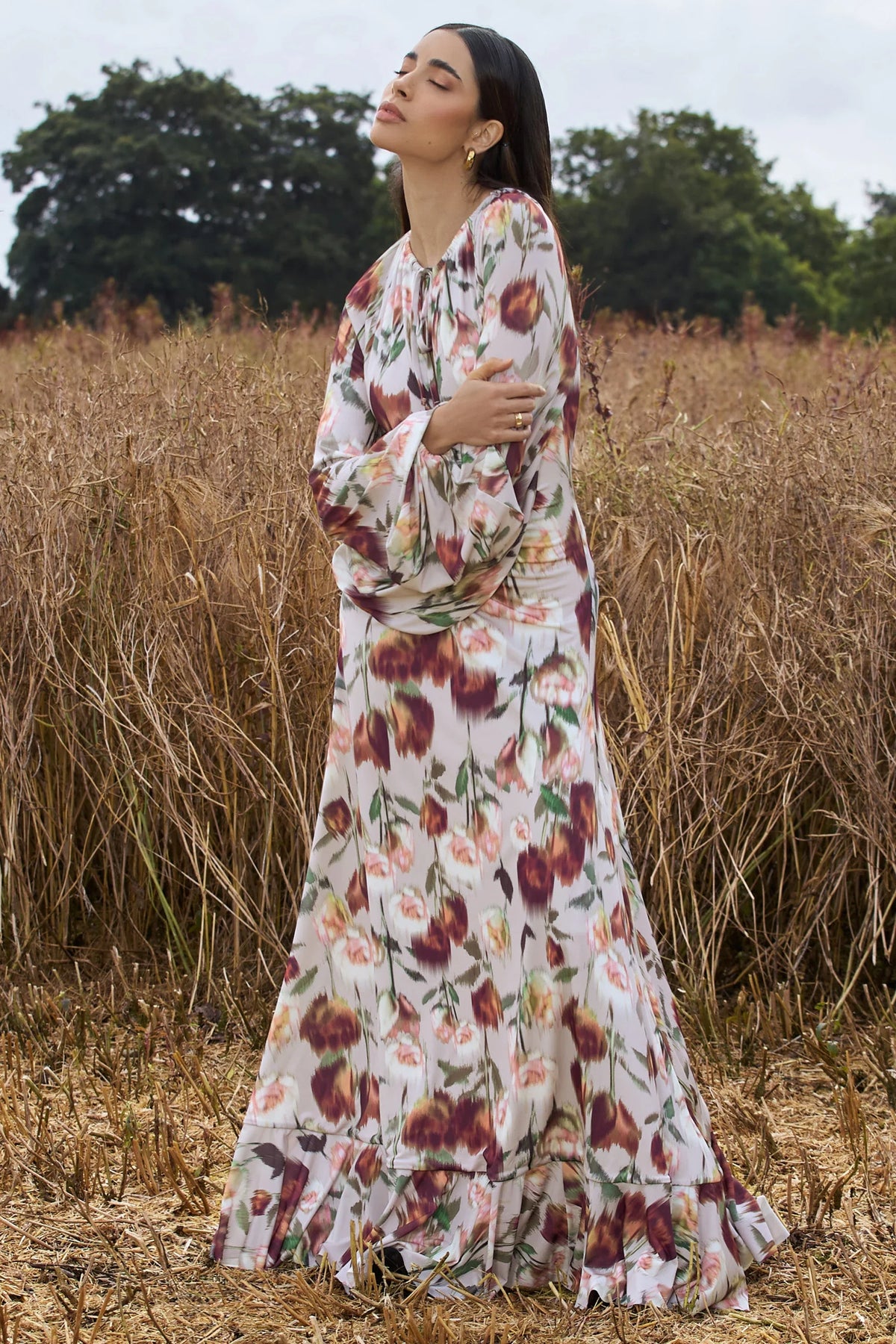 Althena Cream Floral Print Balloon Sleeve Maxi Dress