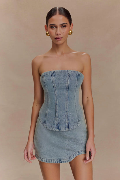 Alessia Embroidered Denim Mini Skirt Light Vintage