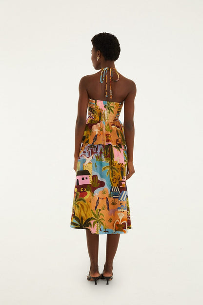 Multicolor Tropical Painting Midi Dress