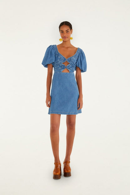 Denim Wavy Cut-Out Puff Sleeve Mini Dress