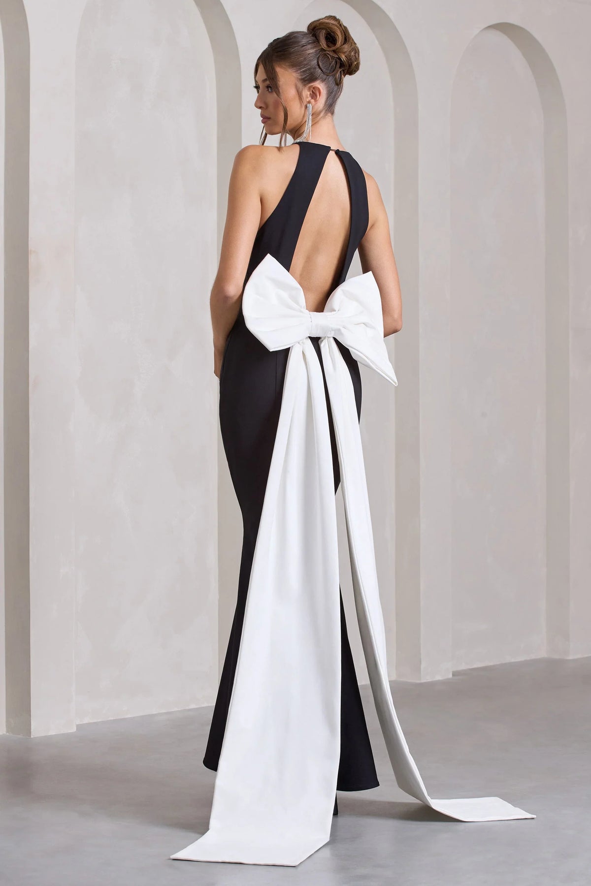 Bestow Black Open Back Maxi Dress With Oversized White Bow