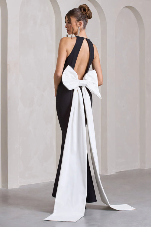 Bestow Black Open Back Maxi Dress With Oversized White Bow