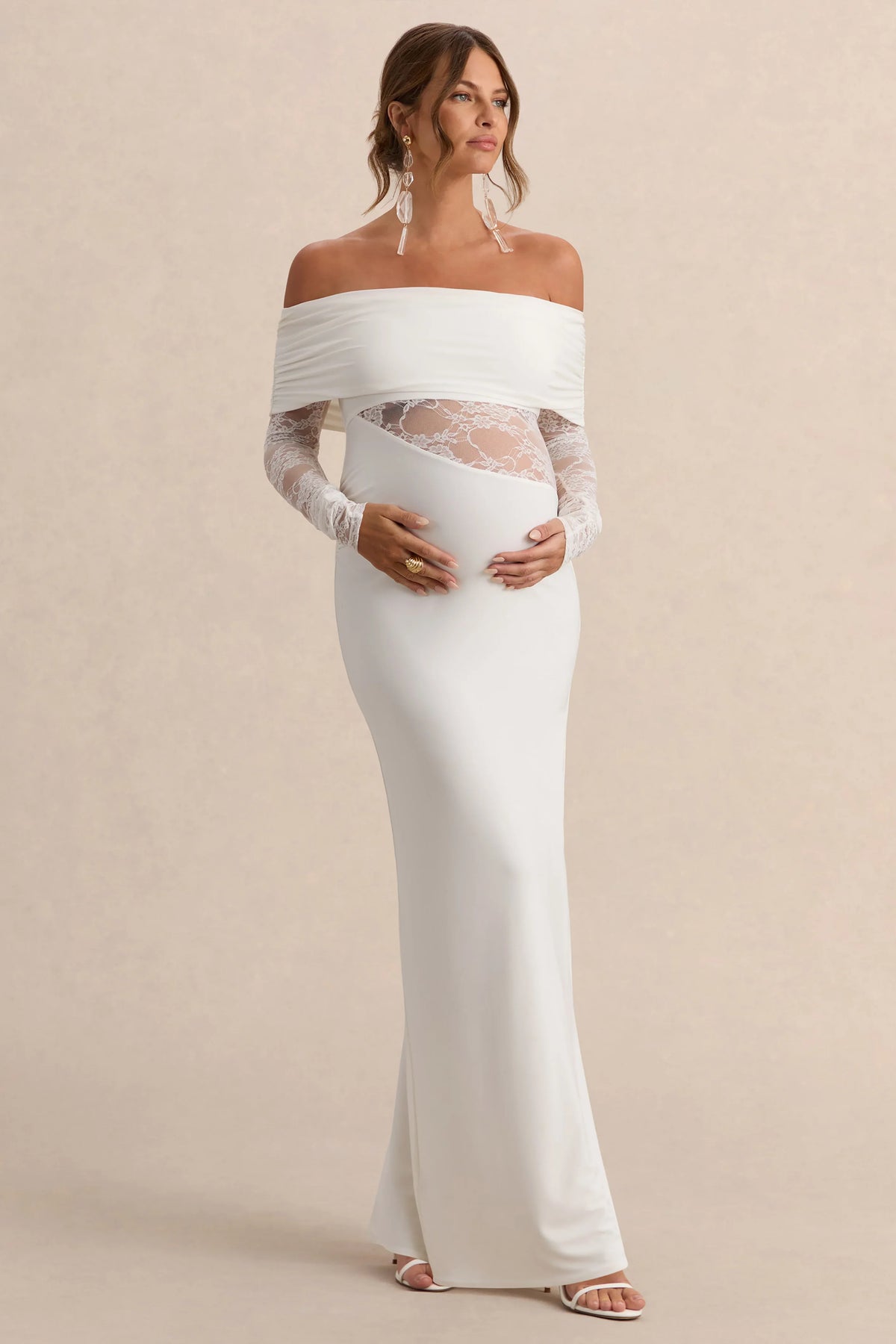 Artemisia White Bardot Neck Maternity Maxi Dress With Lace Detailing