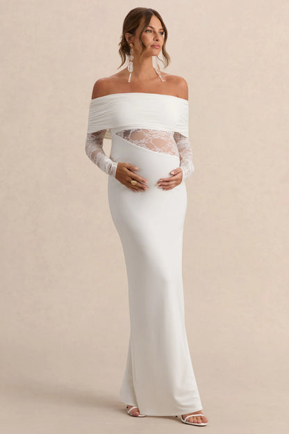 Artemisia White Bardot Neck Maternity Maxi Dress With Lace Detailing