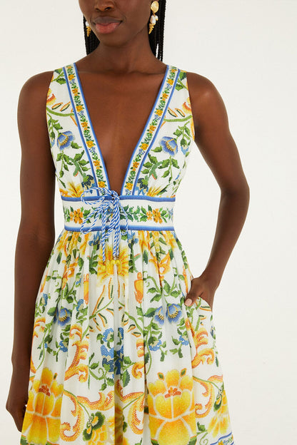 Off-White Emily Floral Tapestry Rope Ties Midi Dress