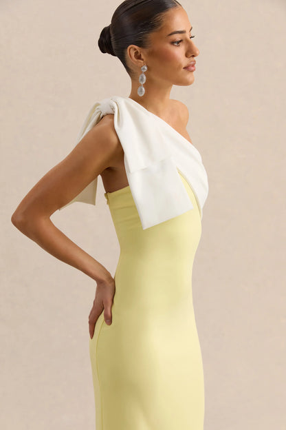 Adara Lemon White Asymmetric Neck Maxi Dress With Bow Detail