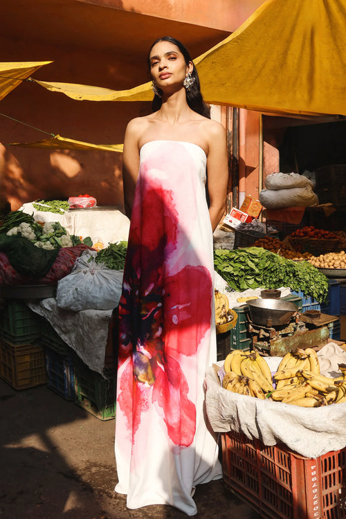 Breonna Bright Pink Floral Placement Print Bandeau Maxi Dress