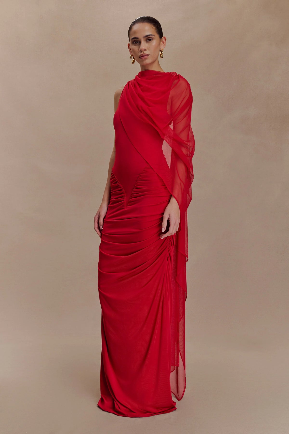 Amandine Ruched Slinky Maxi Dress Ruby