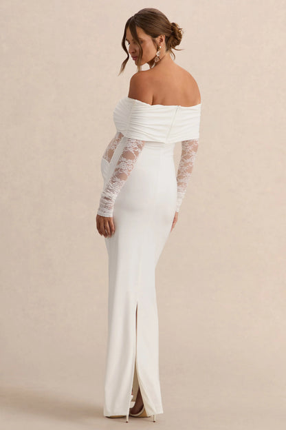Artemisia White Bardot Neck Maternity Maxi Dress With Lace Detailing