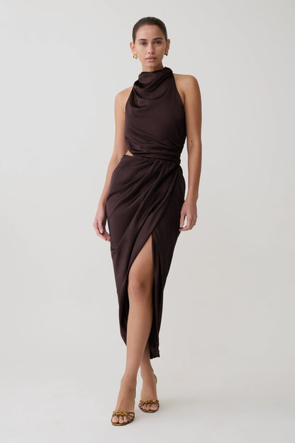 Aveline Draped Halter Midi Dress Dark Chocolate