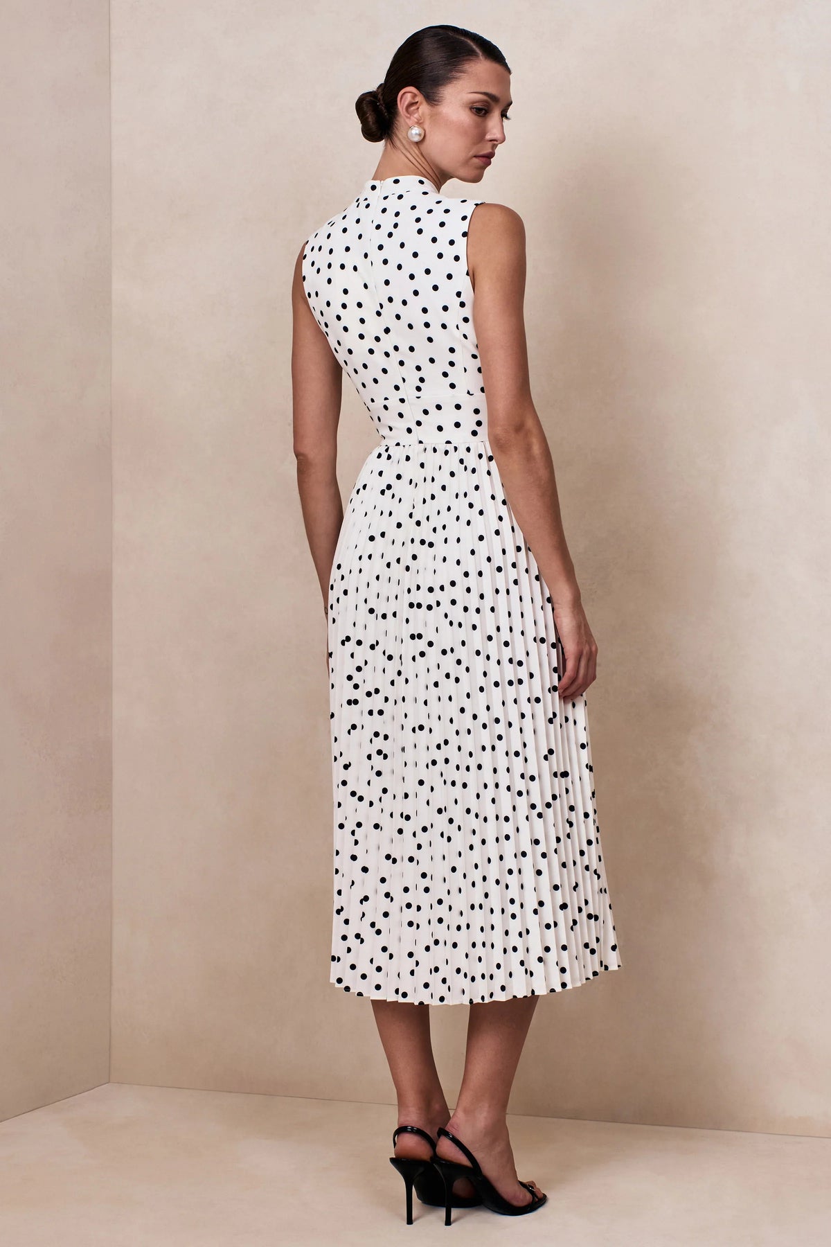 Avalon White Polka Dot Scarf Neck Midi Dress With Pleated Skirt