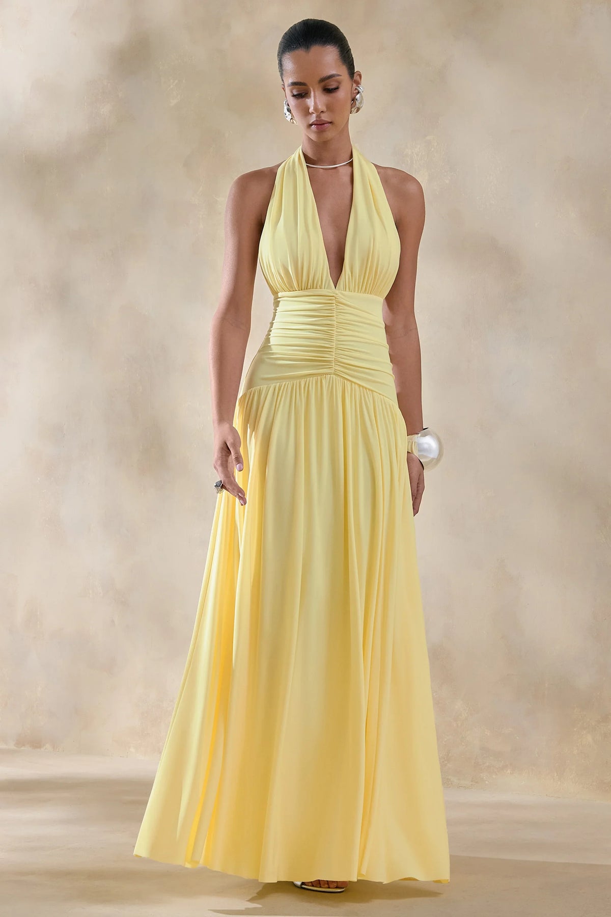 Bettina Lemon Plunge Neck Maxi Dress With Gathered Detailing