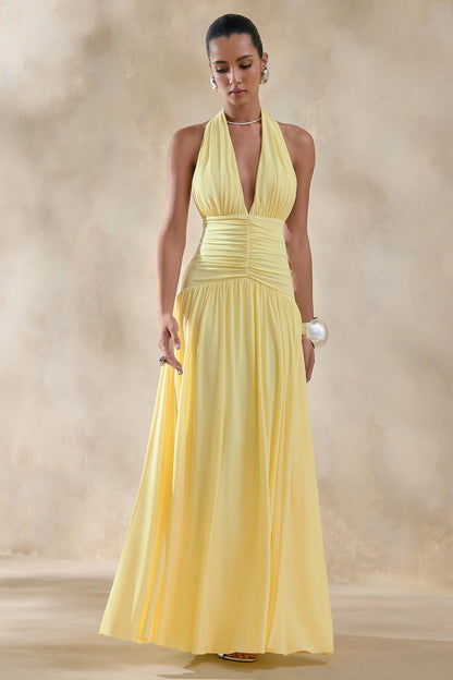 Bettina Lemon Plunge Neck Maxi Dress With Gathered Detailing