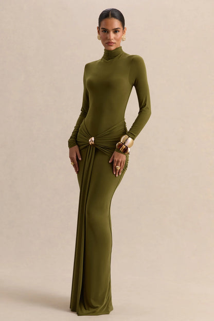 Ambrette Olive High Neck Maxi Dress With Gathered Detailing
