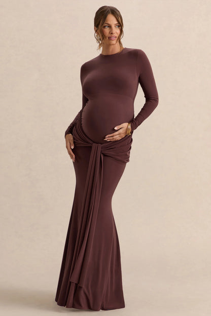 Aveny Brown Crew Neck Maternity Maxi Dress With Ruched Detailing And Sash