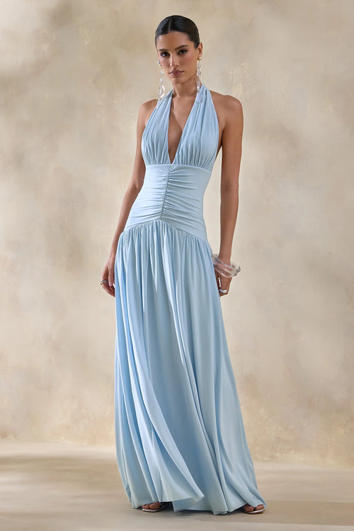 Bettina Powder Blue Plunge Neck Maxi Dress With Gathered Detailing