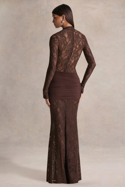 Akira Brown Lace Maxi Dress With Sash Detail