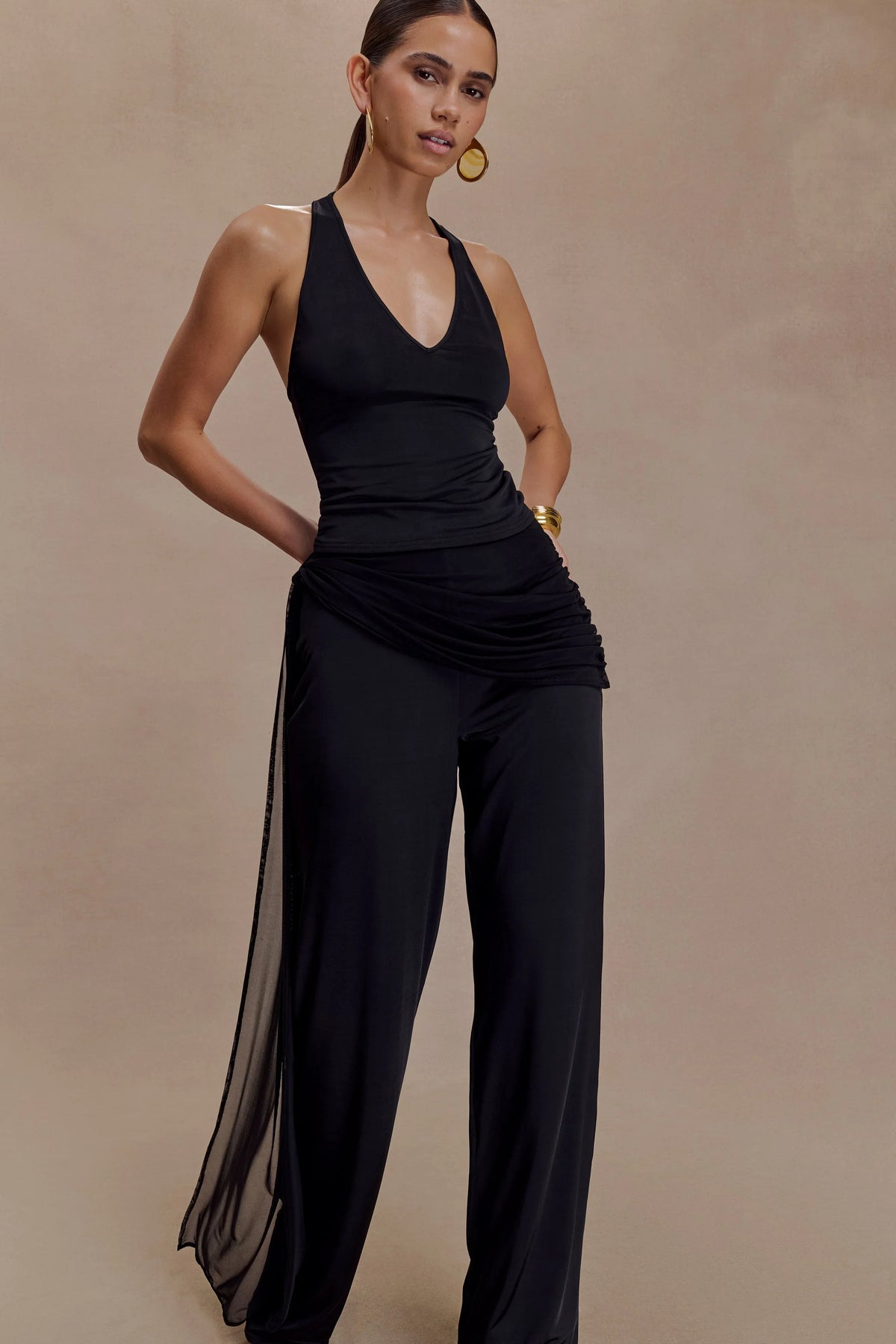 Aspyn Slinky Gathered Wide Leg Pants Black
