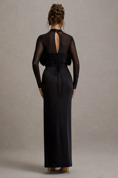 Alder Black Mesh Long Sleeve Ruffled Split Maxi Dress