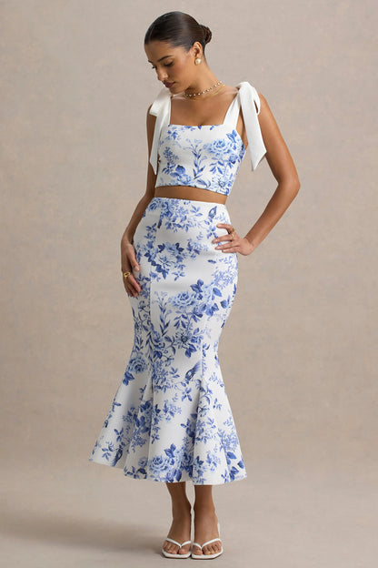 Amadea Blue Porcelain Print Fishtail Midi Skirt