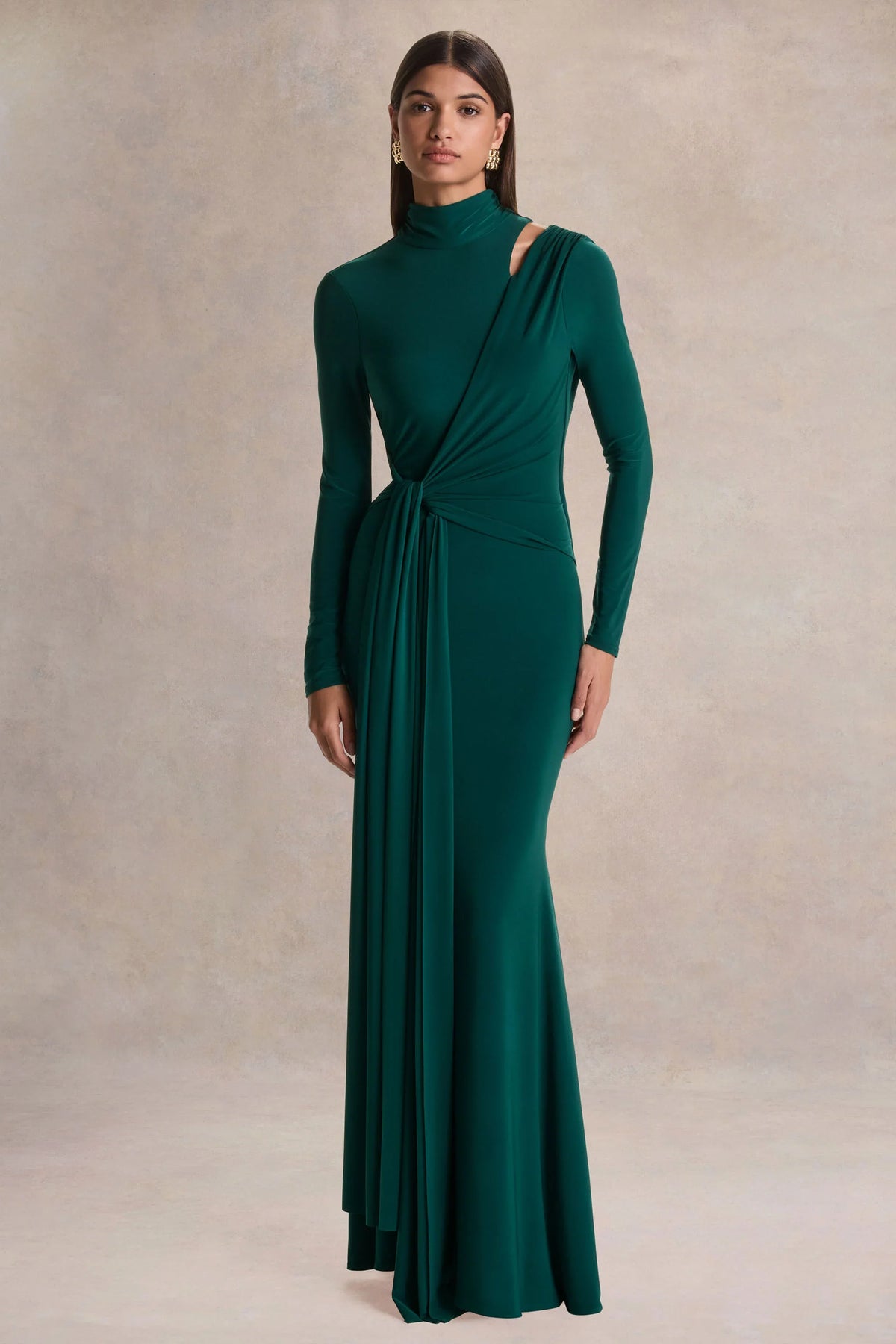 Alastrina Dark Green High Neck Maxi Dress With Gathered Detailing