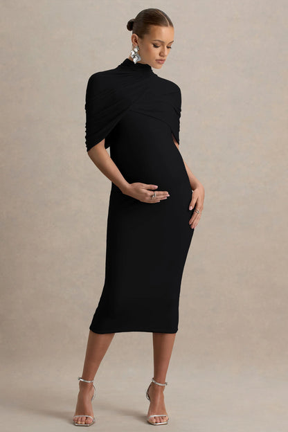 Augustina Black Maternity Midi Dress With Cape
