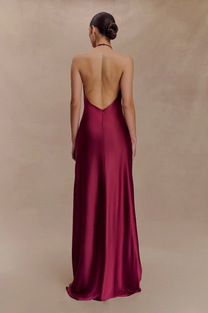 Bella Satin Halter Maxi Dress Mahogany
