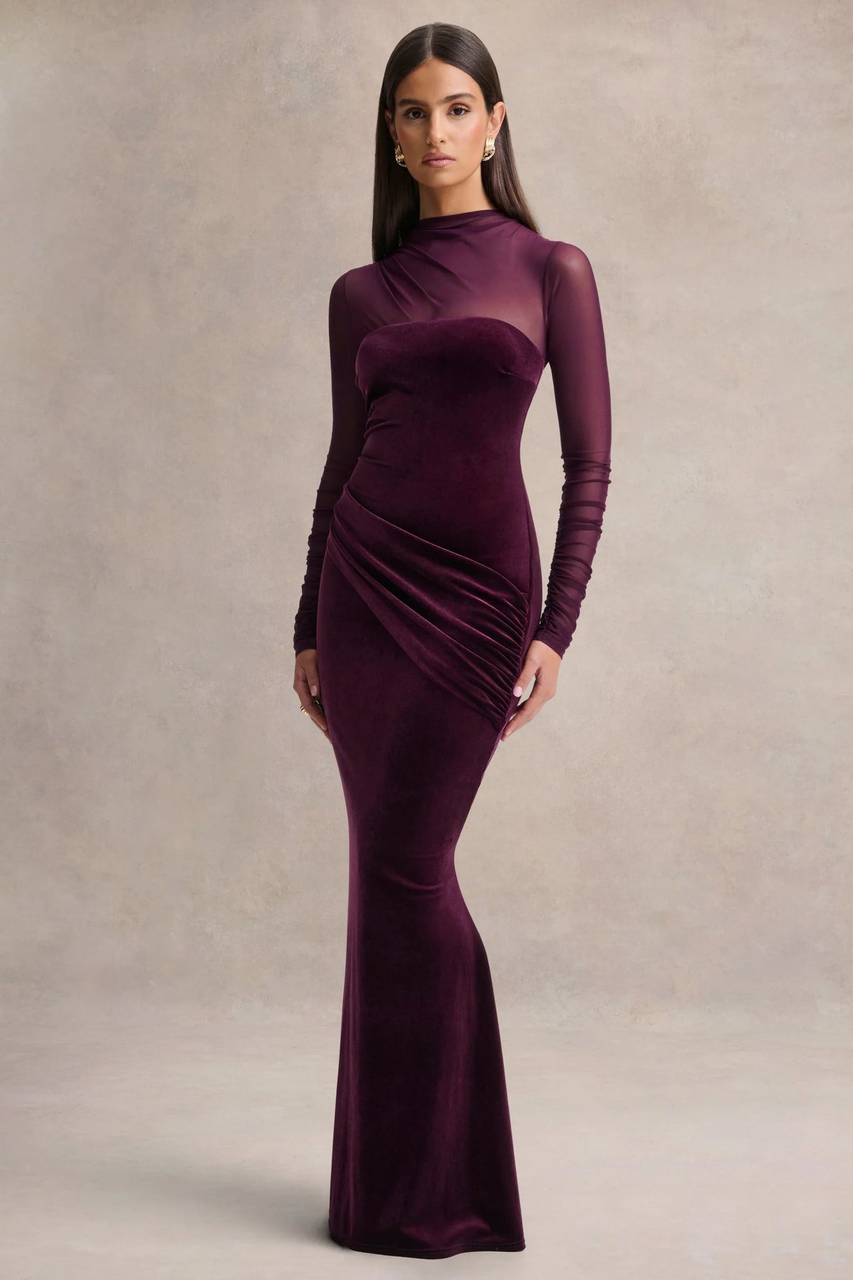 Cambria Plum Velvet High Neck Maxi Dress With Draped Detailing